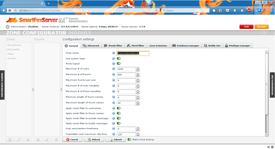 SmartfoxServer2X Admin Panel