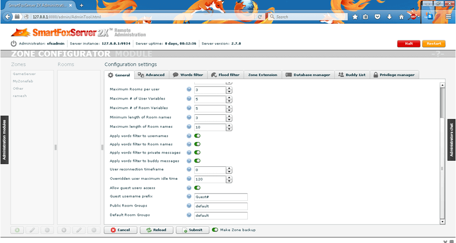 SmartfoxServer2X Admin Panel