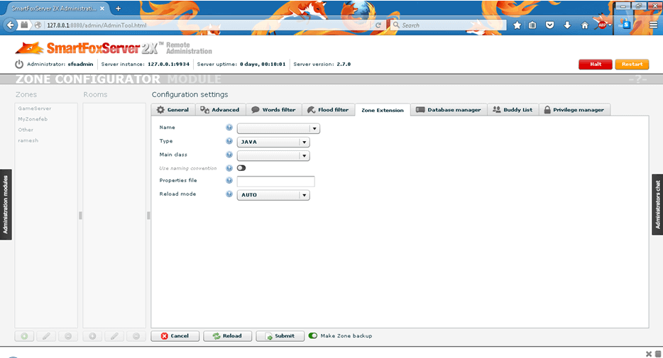 SmartfoxServer2X Admin Panel